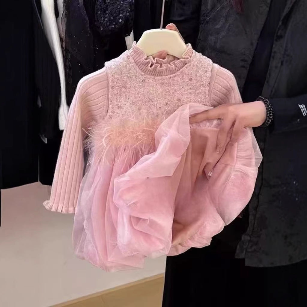 Conjunto Infantil Vestido Plumas + Blusa Pérolas