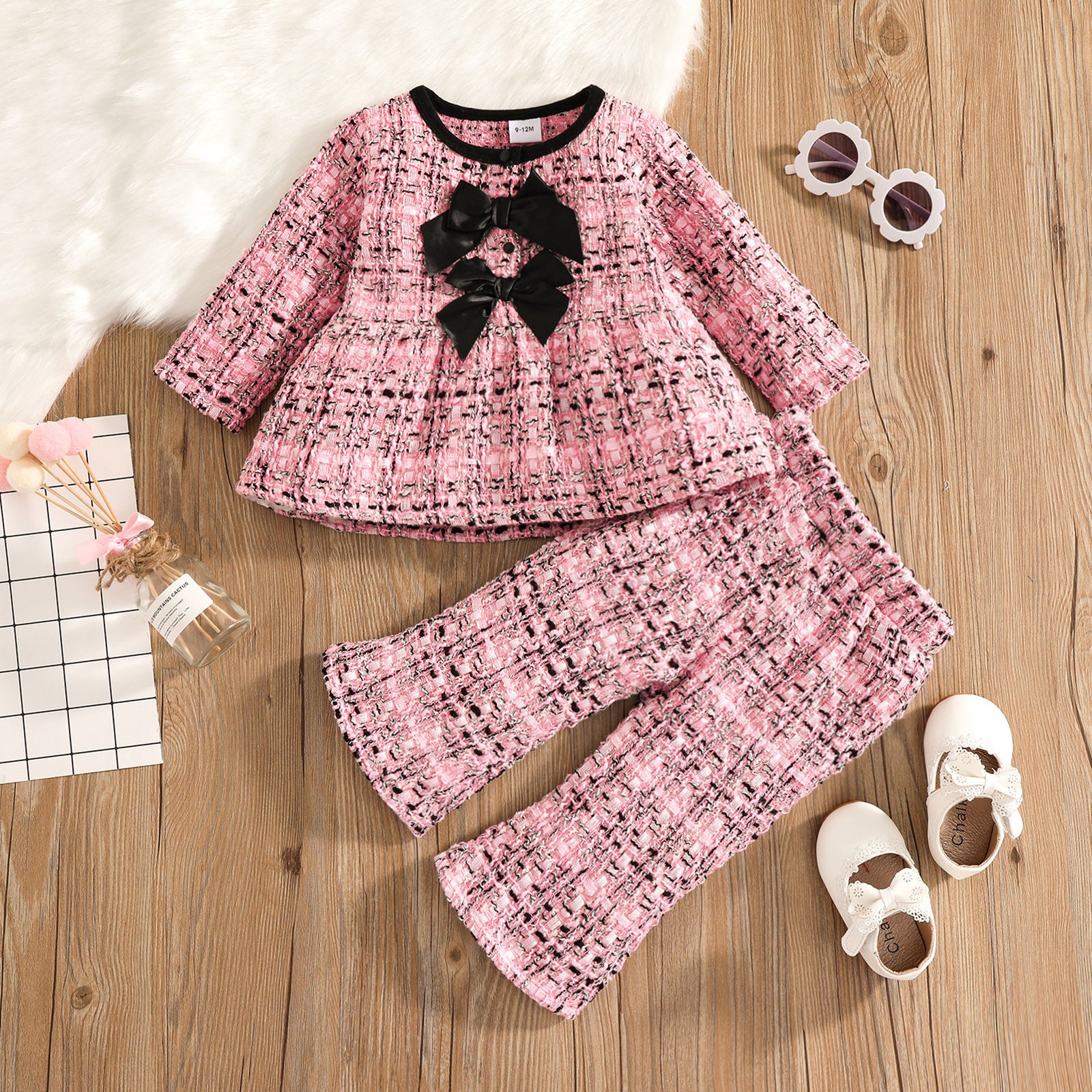 Conjunto Infantil Feminino Tweed Rosa Lacinhos