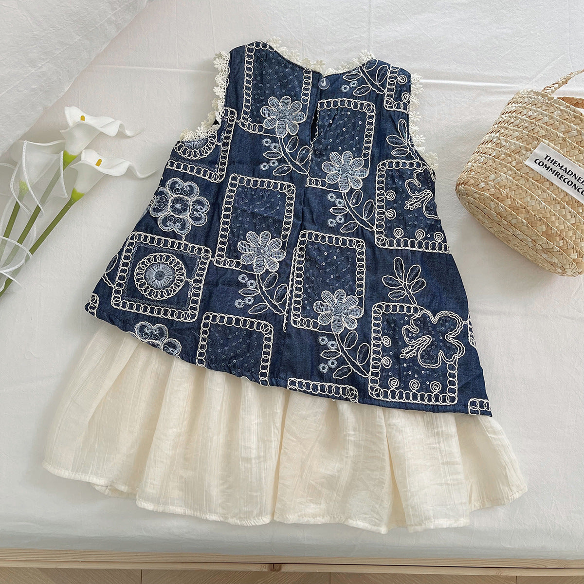 Vestido Infantil Jeans Bordado Floral