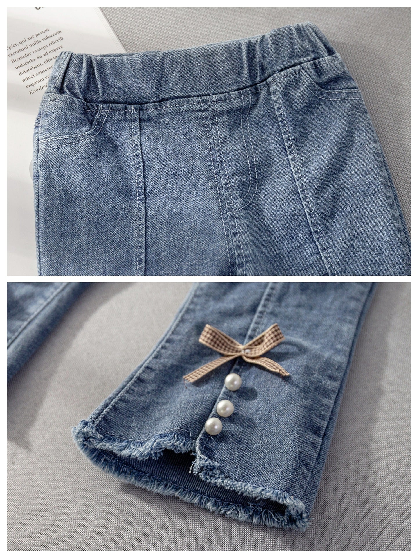 Calça Infantil Feminina Jeans Lacinho e Pérolas