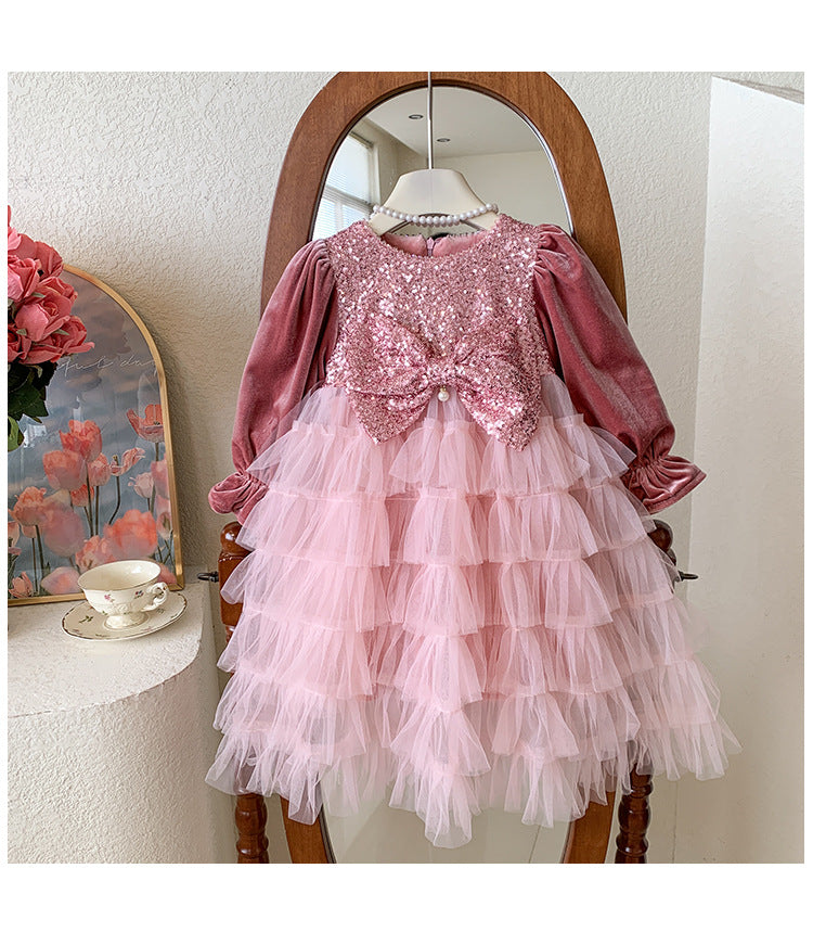 Vestido Infantil Rosa Brilhante Lacinho