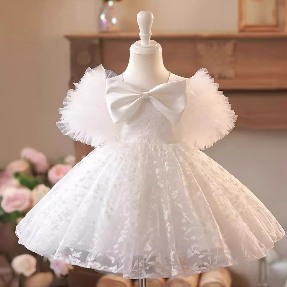 Vestido Infantil Tule Branco Lacinho