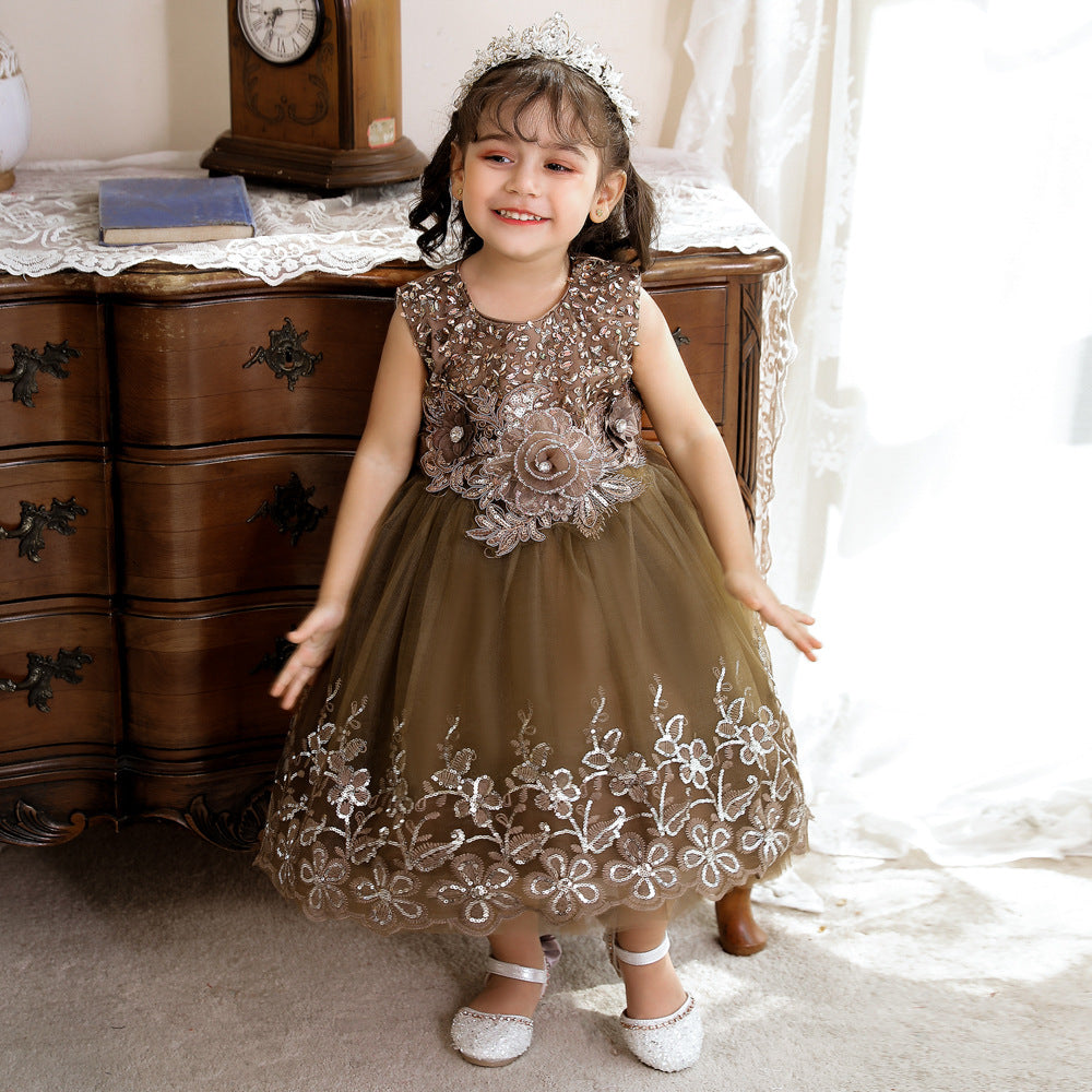 Vestido De Festa Infantil Tule Brilhante e Florzinhas