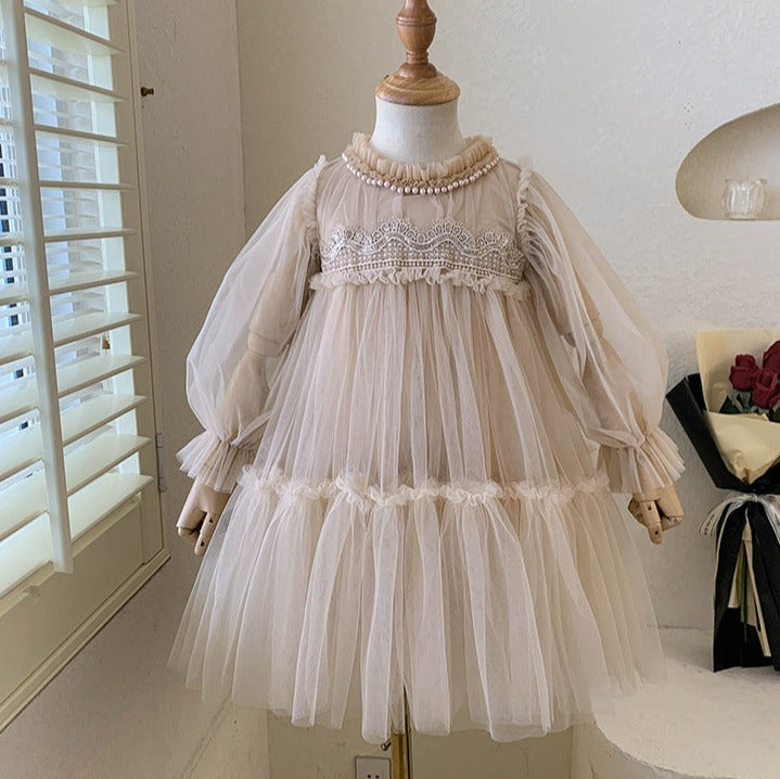 Vestido Infantil Tule Renda e Pérolas