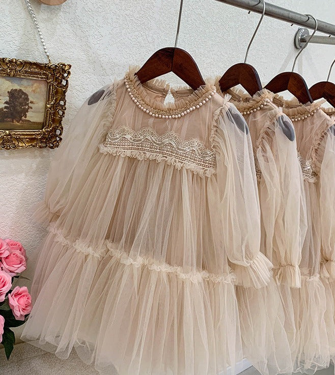 Vestido Infantil Tule Renda e Pérolas