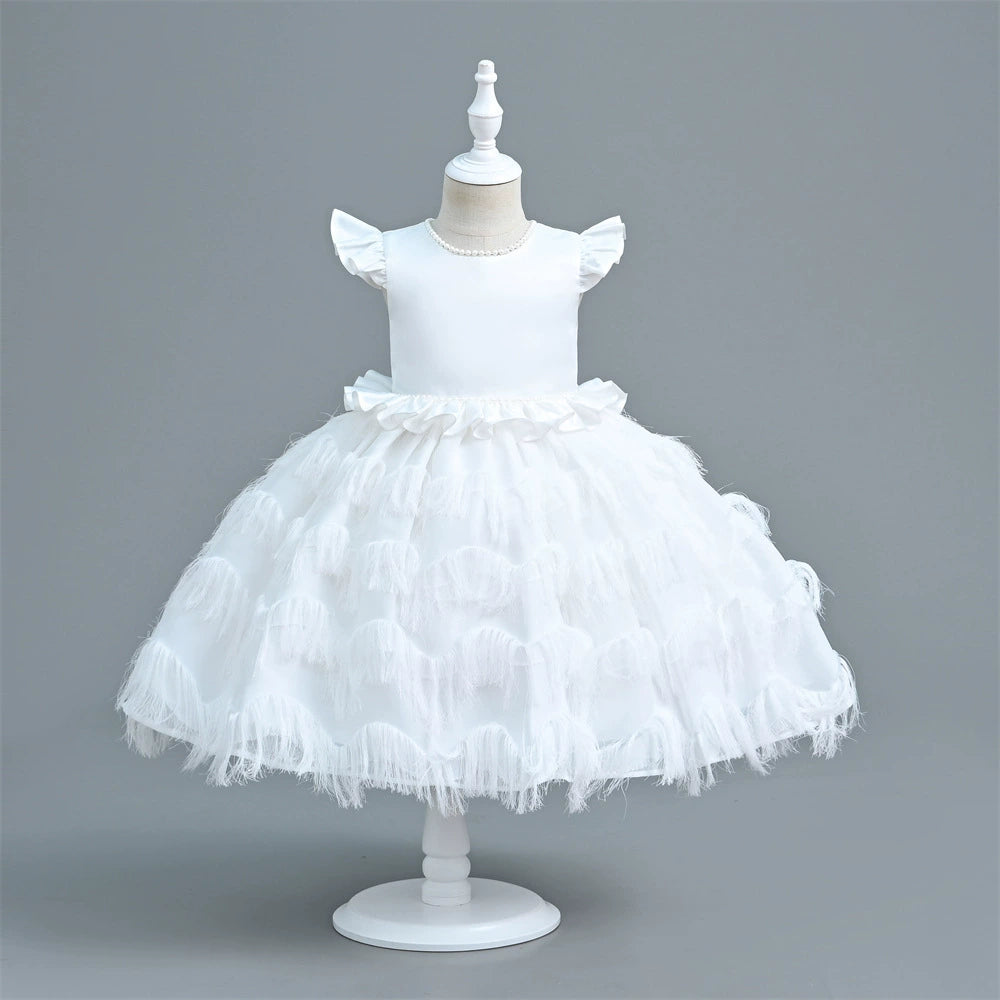 Vestido Infantil De Festa Tule Camadas e Plumas