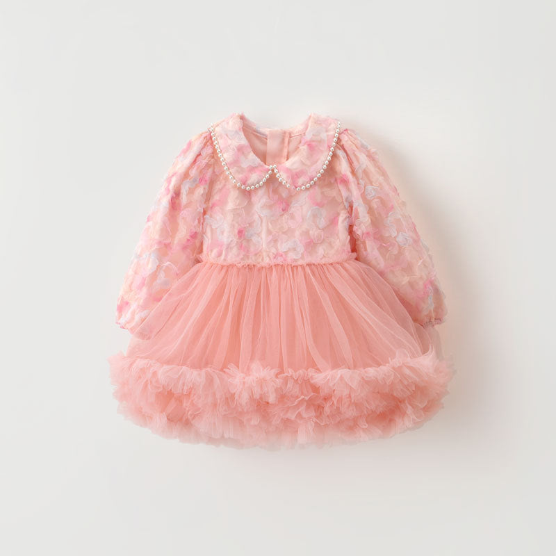 Vestido Infantil Tule Floral Golinha Pérolas