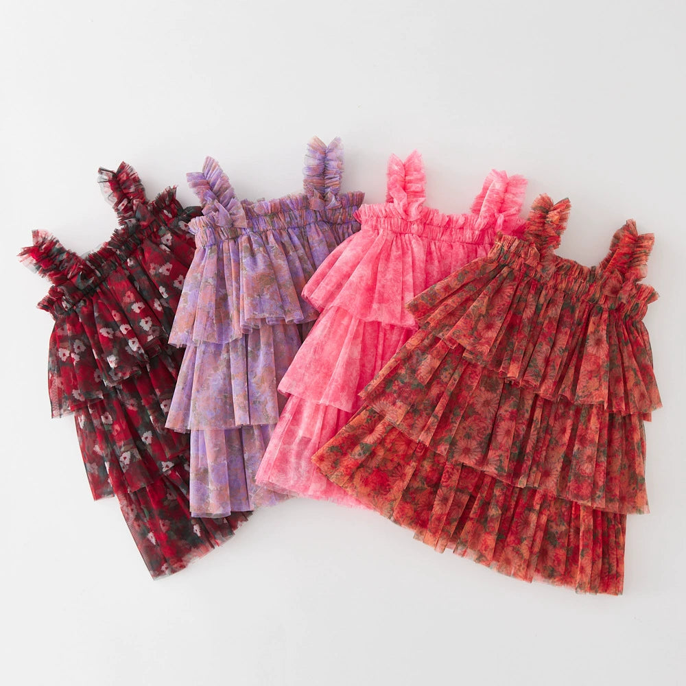 Vestido Infantil Tule Camadas com Flores