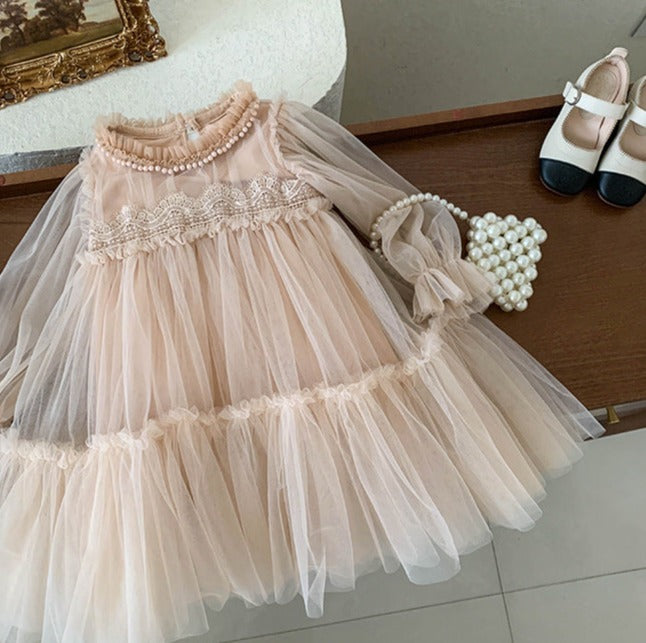 Vestido Infantil Tule Renda e Pérolas