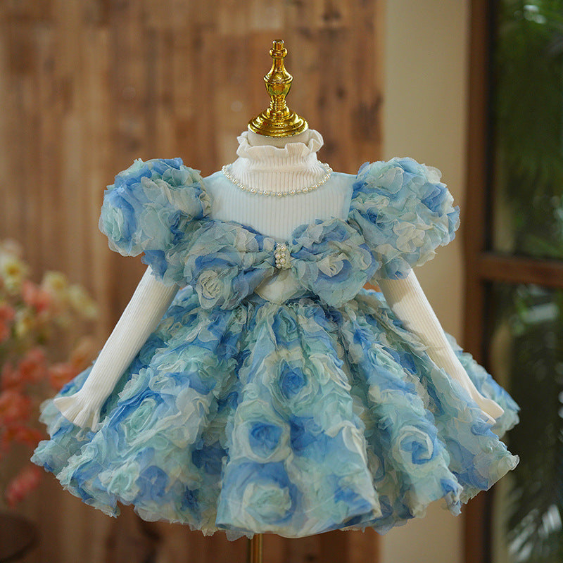 Vestido Infantil De Festa Azul Flores