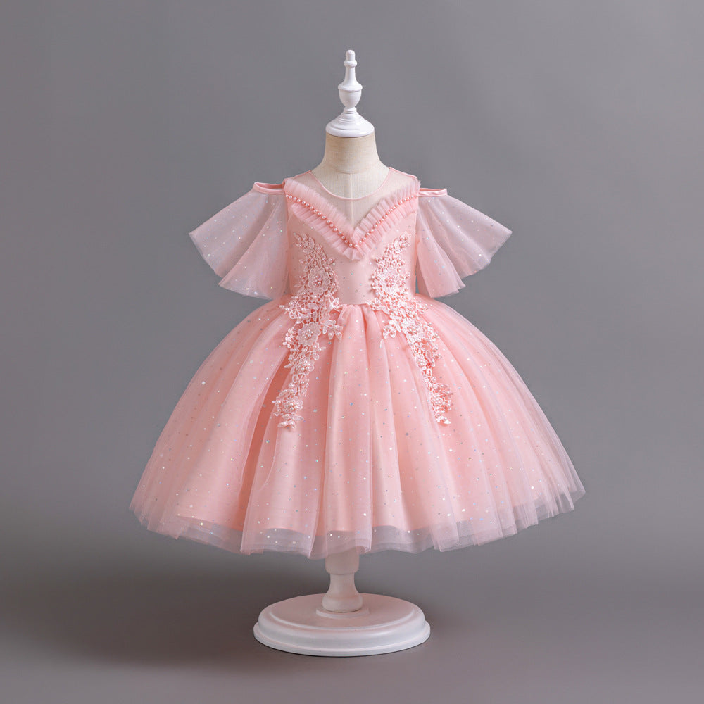 Vestido Infantil Rosa Pérolas Florzinhas