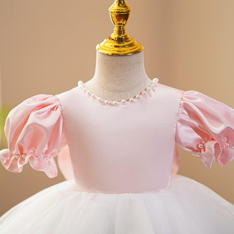 Vestido Infantil Rosa Pérolas Lacinho