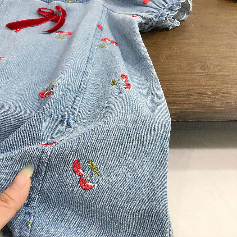 Vestido Infantil Jeans Bordado Cerejinha