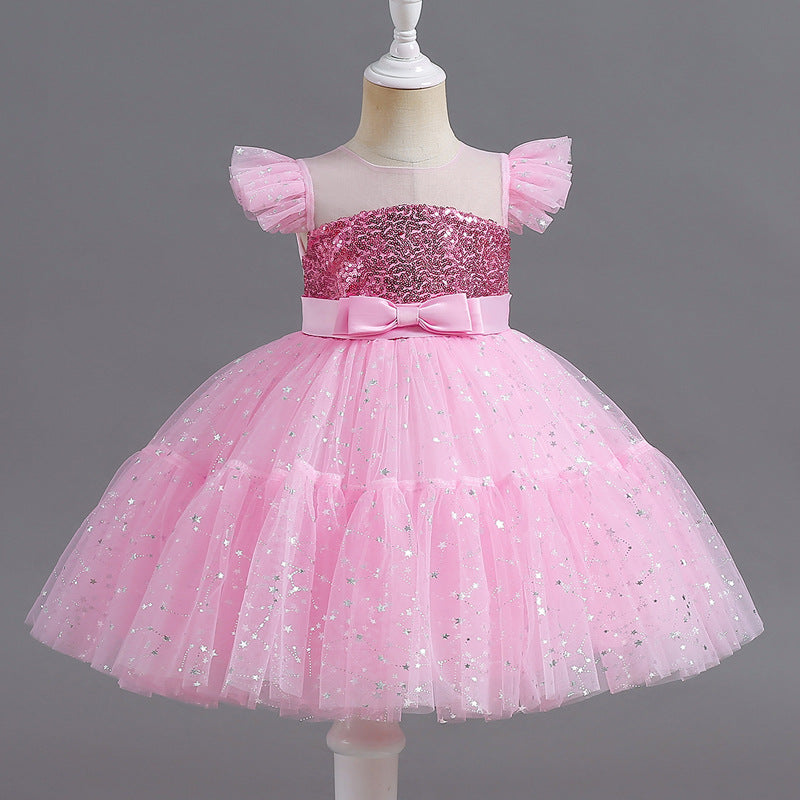 Vestido Infantil Tule Brilhante Lacinho