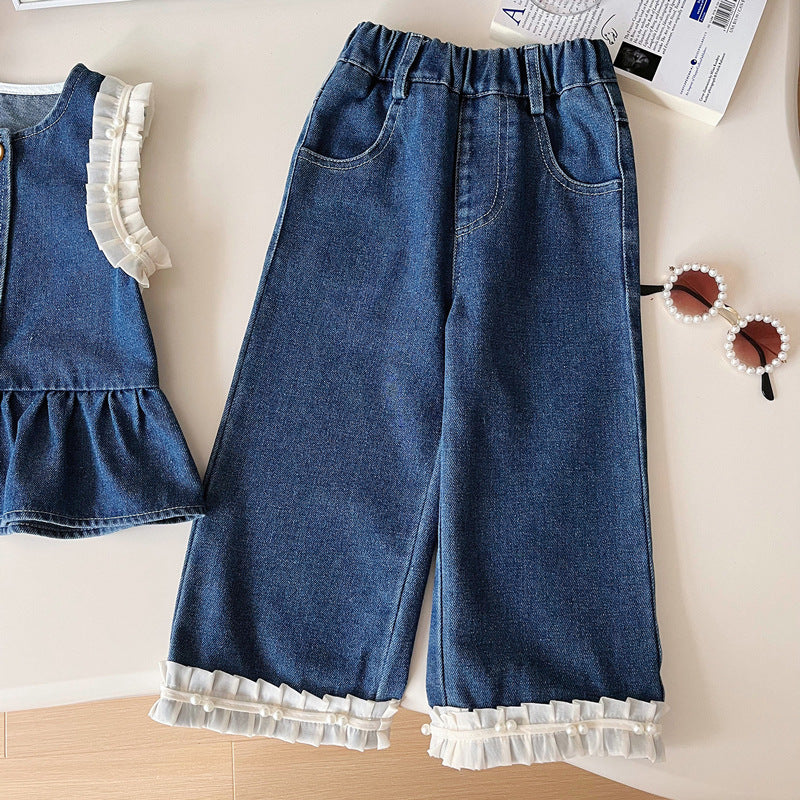 Conjunto Infantil Feminino Jeans e Pérolas