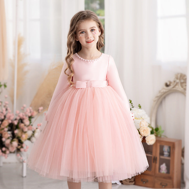 Vestido Infantil Manga Longa Lacinho e Pérolas