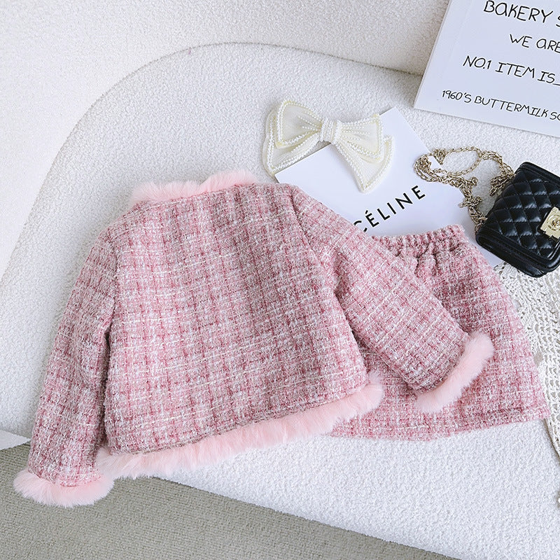 Conjunto Infantil Feminino Tweed Rosa Pelinhos