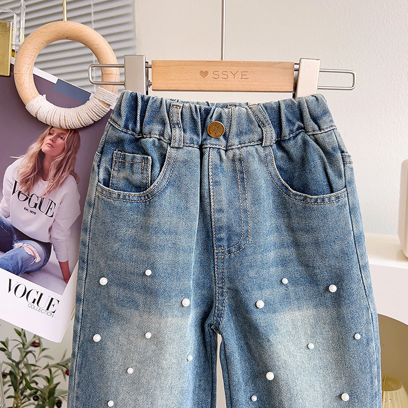 Calça Infantil Feminina Jeans Pérolas