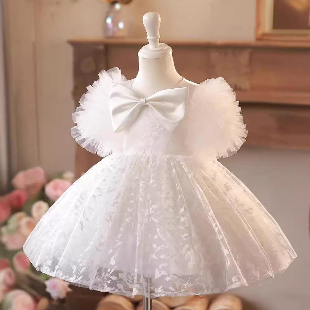 Vestido Infantil Tule Branco Lacinho