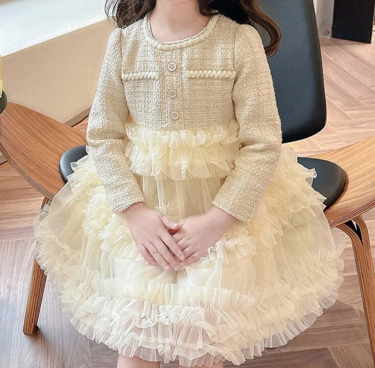 Vestido Infantil Tweed e Camadas De Tule