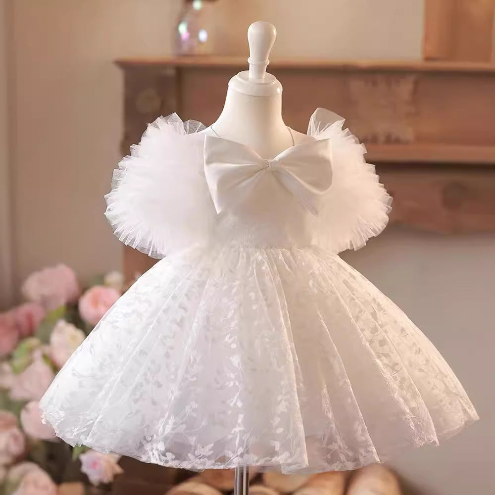 Vestido Infantil Tule Branco Lacinho