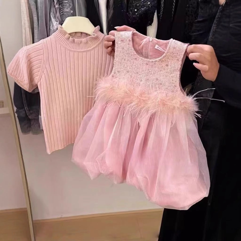 Conjunto Infantil Vestido Plumas + Blusa Pérolas