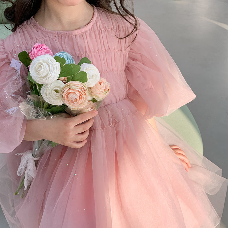 Vestido Infantil Rosa Tule Brilhante