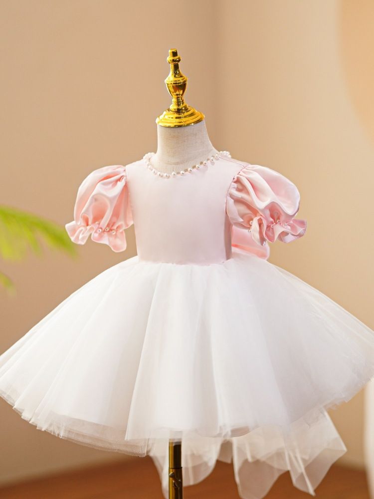 Vestido Infantil Rosa Pérolas Lacinho