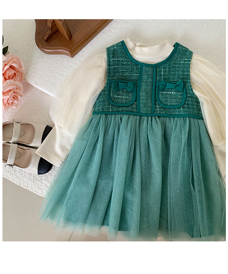 Vestido Infantil Inverno/ Verão Verde Bolsinhos