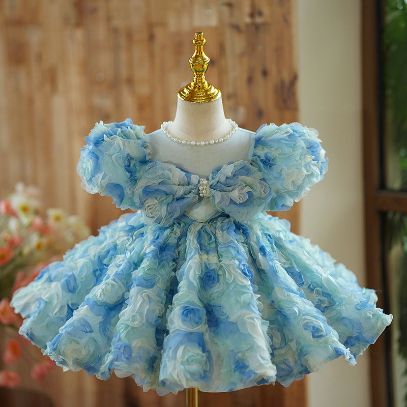 Vestido Infantil De Festa Azul Flores