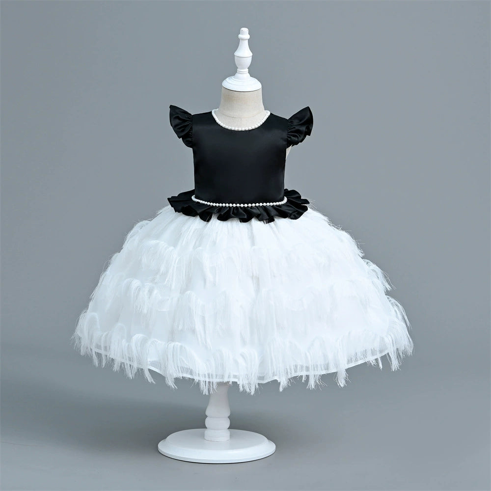 Vestido Infantil De Festa Tule Camadas e Plumas