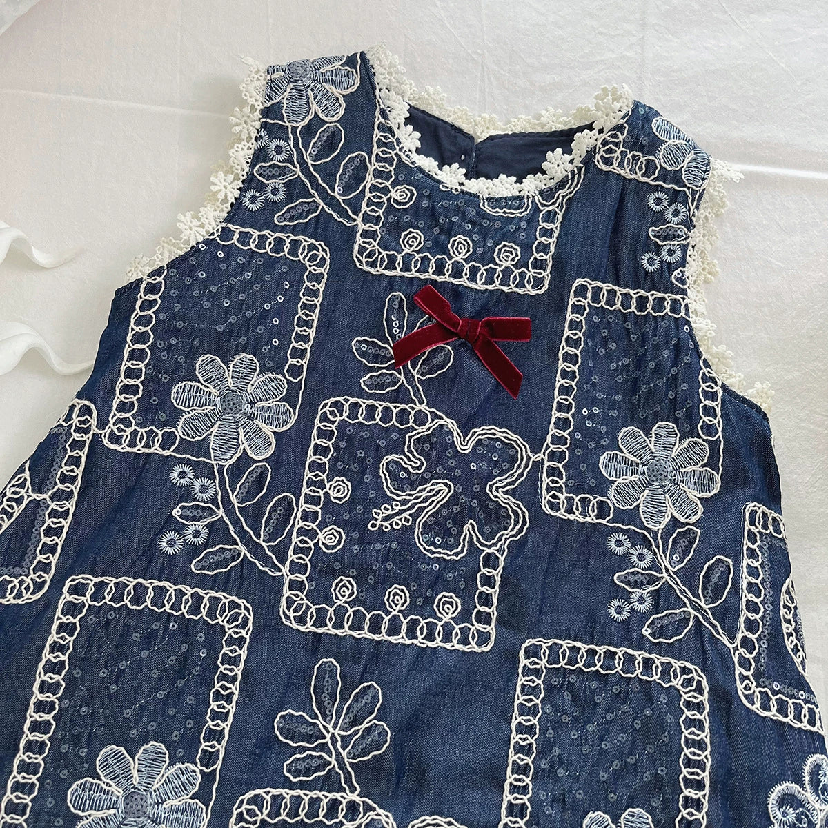 Vestido Infantil Jeans Bordado Floral