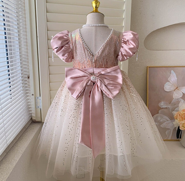 Vestido Infantil Brilhante Pérolas Lacinho