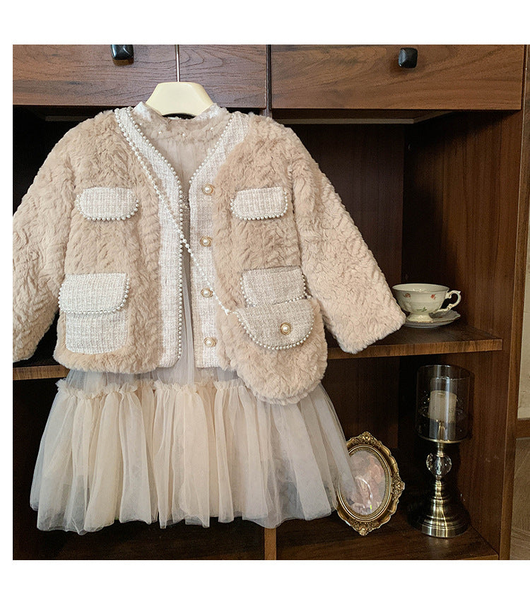 Conjunto Infantil Feminino Vestido + Casaco de Pele