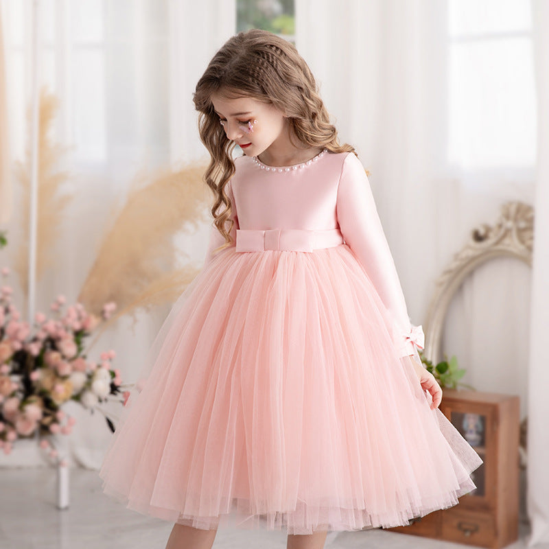 Vestido Infantil Manga Longa Lacinho e Pérolas