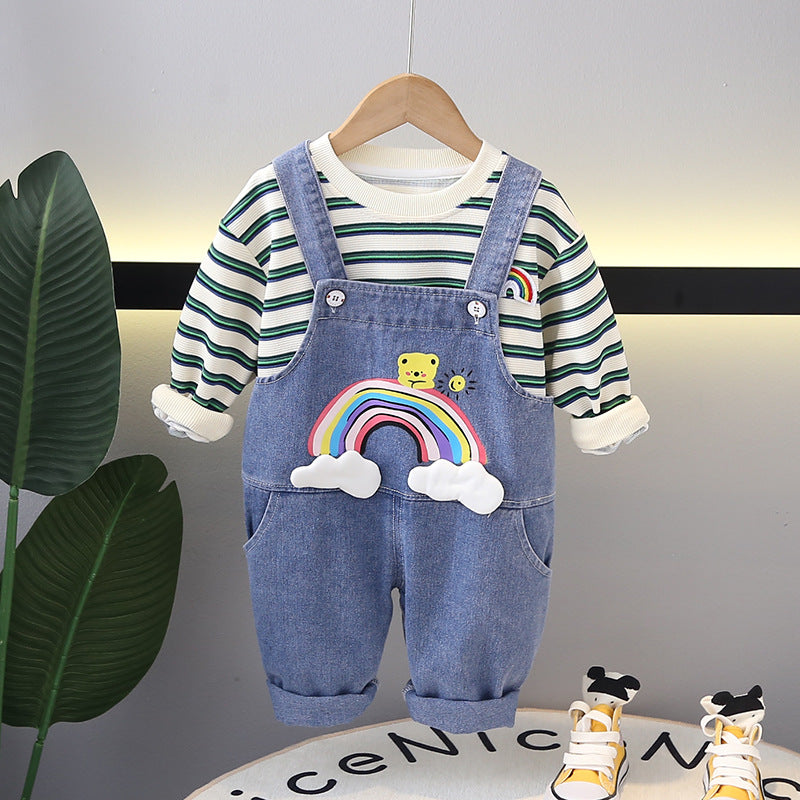 Conjunto Infantil Jardineira Arco íris Jeans e Lístras