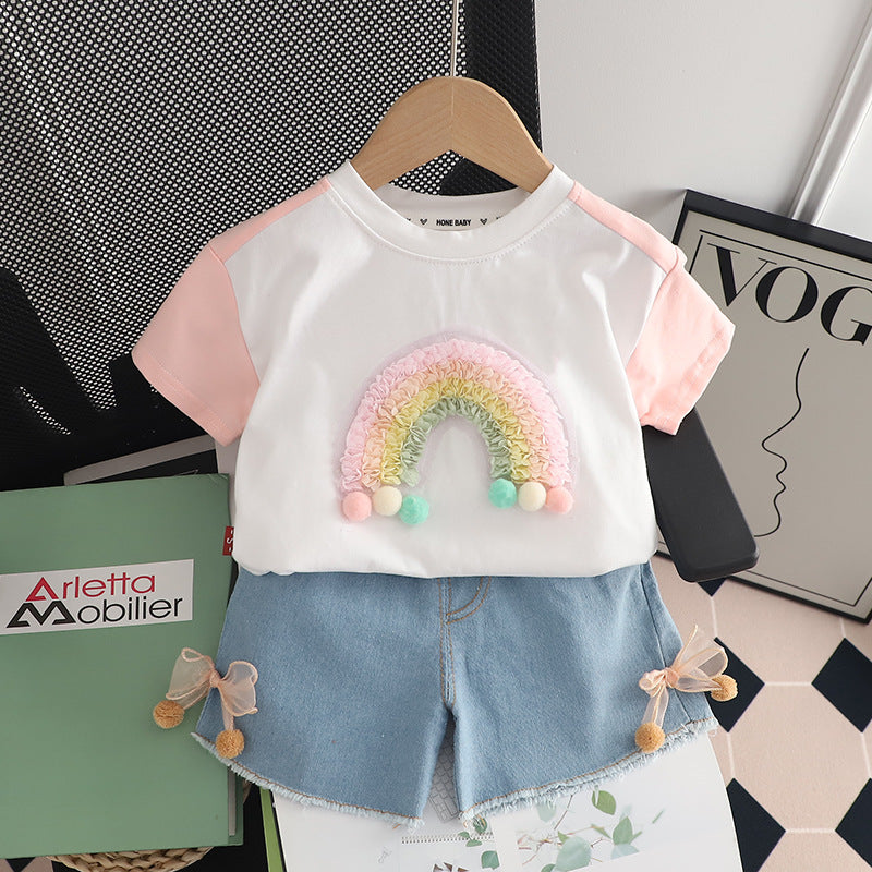 Conjunto Infantil Feminino Arco Irís e Jeans