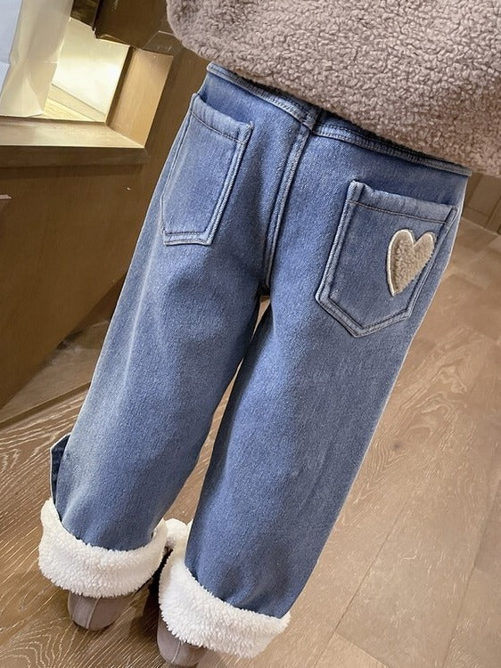 Calça Infantil Feminina Jeans Pelinho Coração