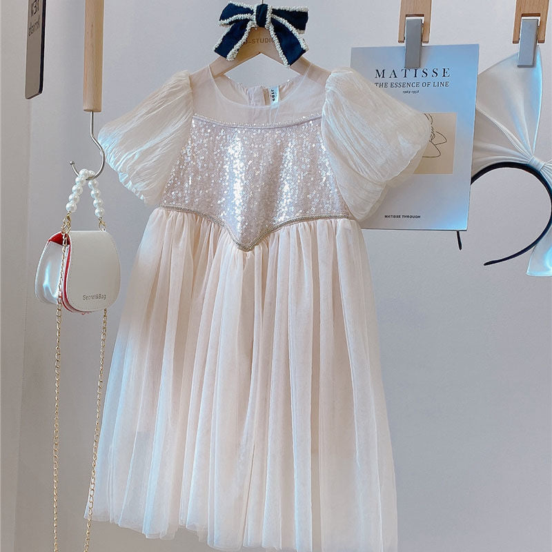 Vestido Infantil Manga Puff Brilhante