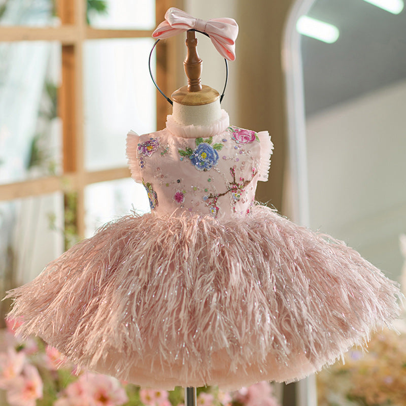 Vestido De Festa Infantil Floral Plumas