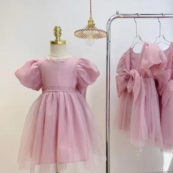 Vestido Infantil Tule Rosa Lacinho