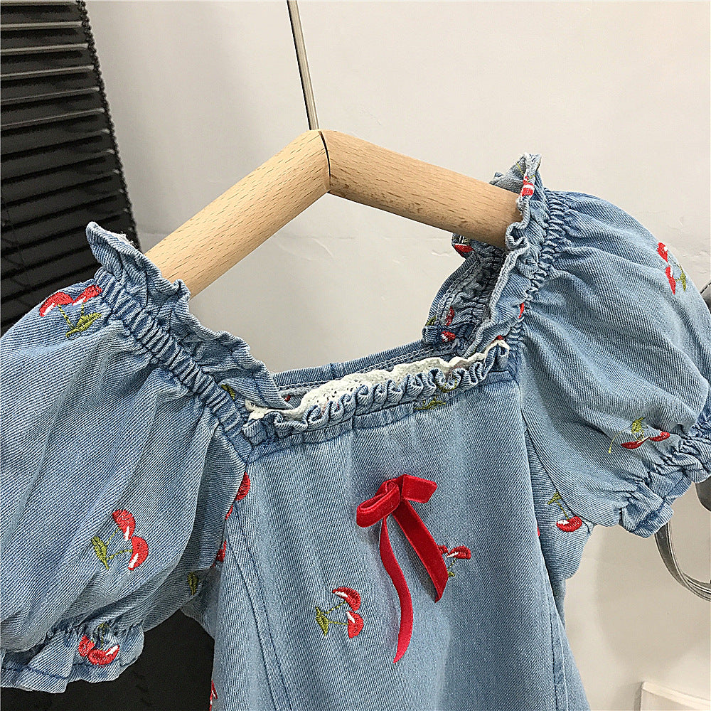 Vestido Infantil Jeans Bordado Cerejinha
