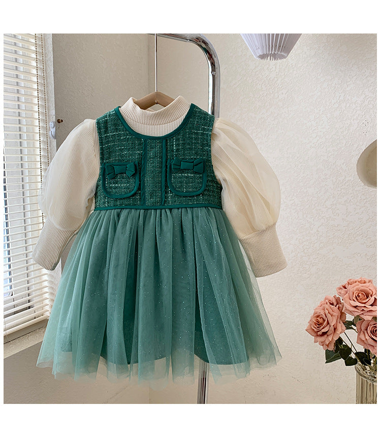 Vestido Infantil Inverno/ Verão Verde Bolsinhos