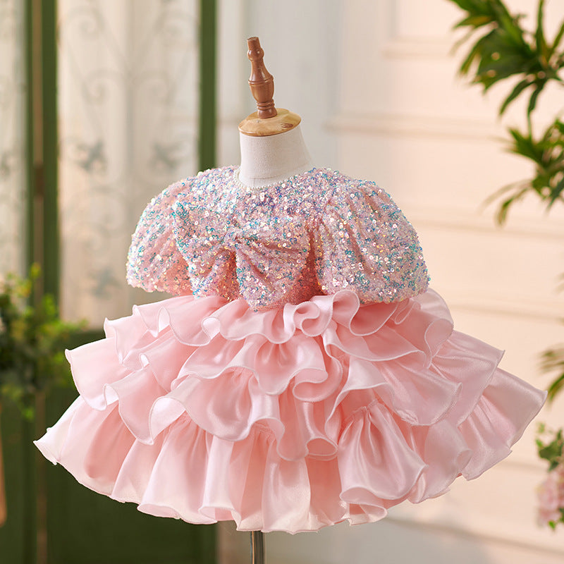 Vestido Infantil Rosa Brilhante Camadas