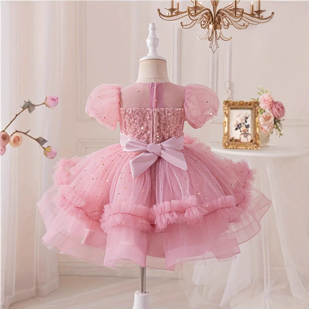 Vestido Infantil de Festa Rosa Bufante Brilhos