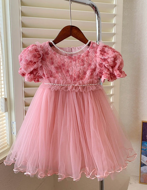 Vestido Infantil Tule Pérolas Florzinhas