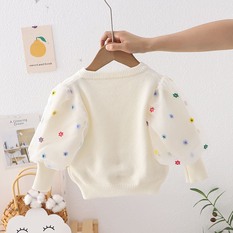 Cardigan Infantil Tricô Manga Florzinhas