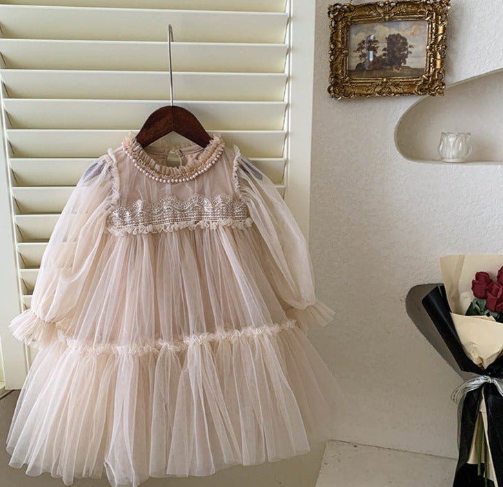 Vestido Infantil Tule Renda e Pérolas