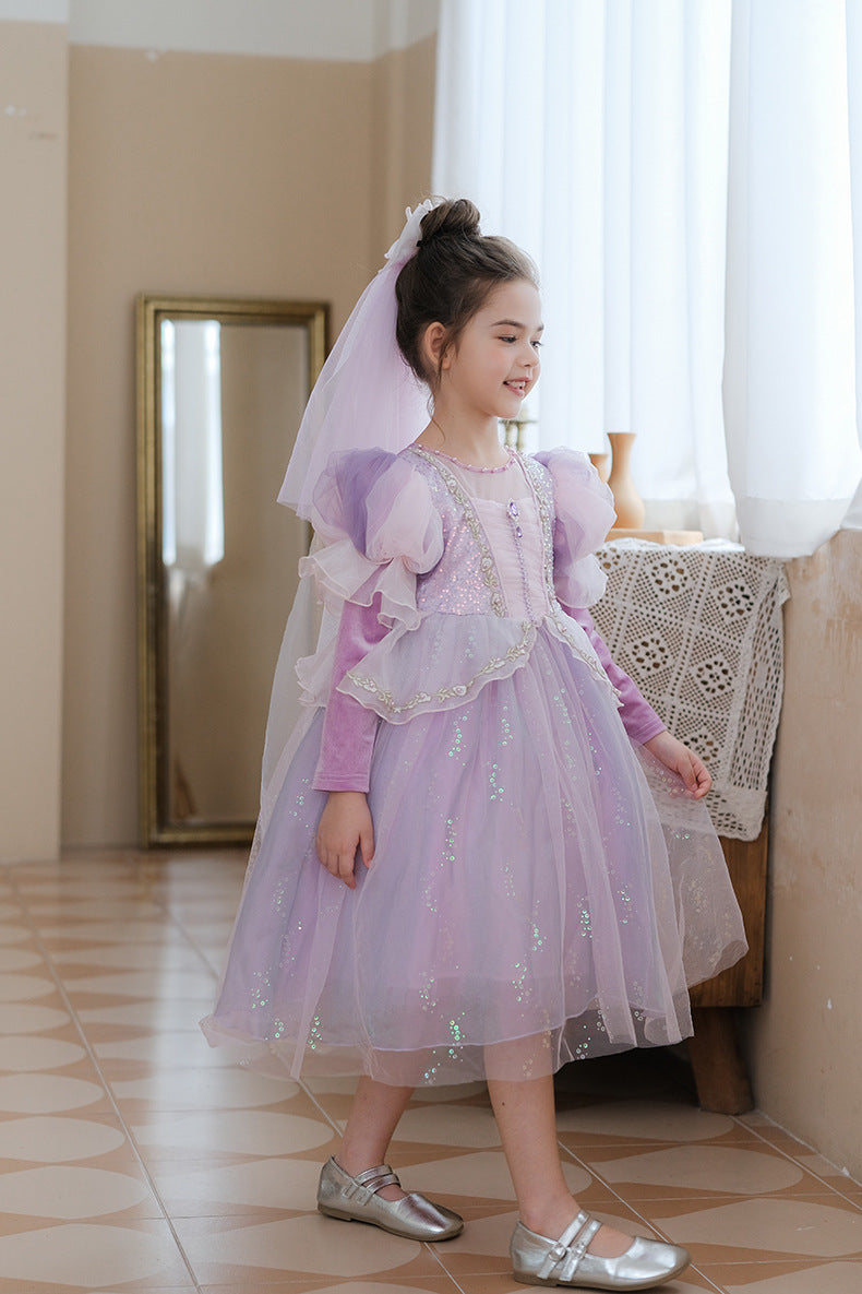 Vestido Infantil Princesa Manga Longa Brilhante