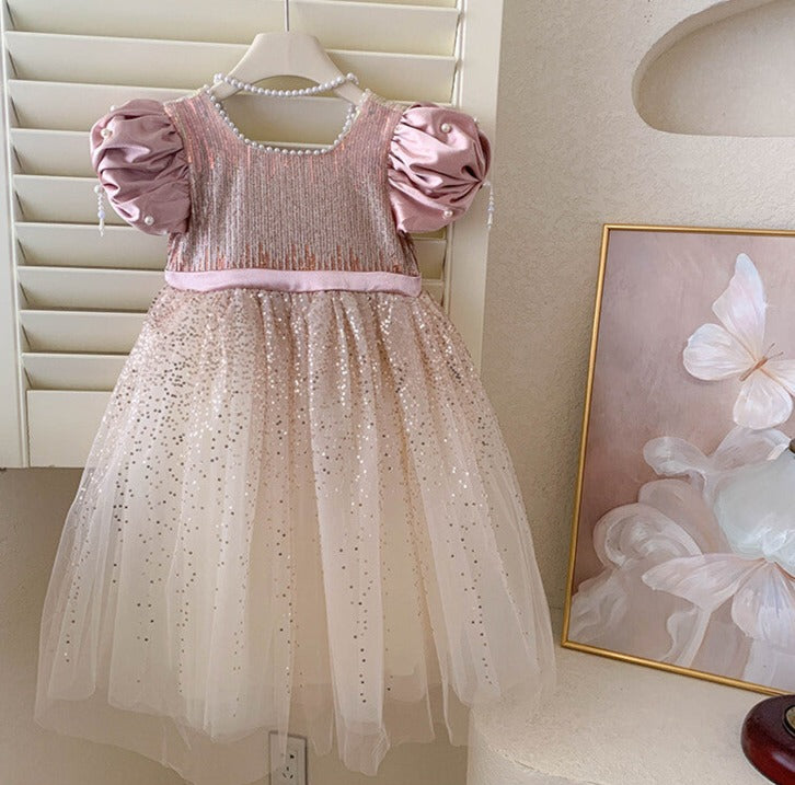 Vestido Infantil Brilhante Pérolas Lacinho